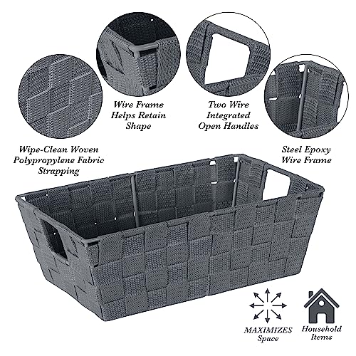 Image of Simplify Small Shelf Woven Strap Tote | Decorative Storage Basket | Built in Handles | Organization | Closet | Bedroom | Bathroom | Nursery | Accessories | Toys | Gifts | 4 Pack | Grey