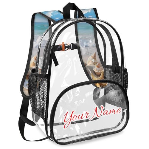 Personalized Small Clear Backpack Stadium Approved Heavy Duty PVC Plastic Custom Transparent Backpacks See Through Bag with Name, Starfish Beach Theme2