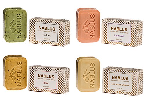 Nablus Soap natürliche Olivenölseife 4er Set (4 x 100g) Natürliches Olivenöl Lavendel Salbei Zimt, handgemacht, für trockene sensible Haut, aus 80% extra nativem Olivenöl Cover