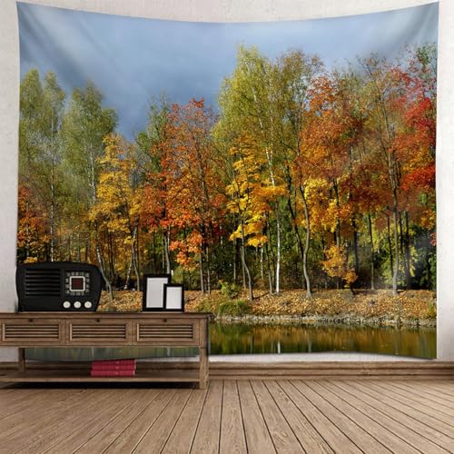 Chambre enfant ados chaleureuse grâce à la tenture murale arbres et lac