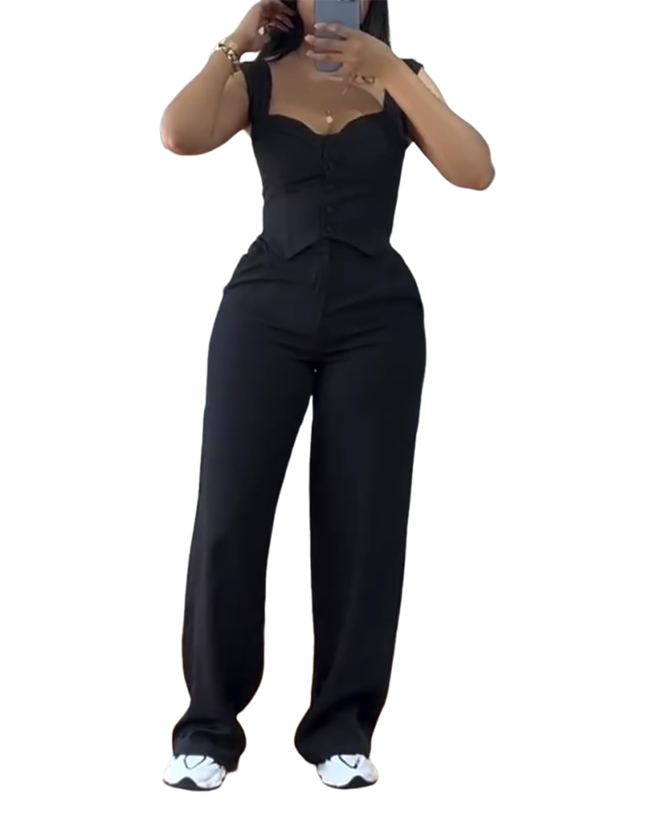 CHICME Women's 2 Piece Outfit Thick Strap Button Front Tank Top with Wide Leg Pants Casual Outfit Sets