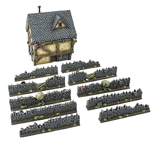 War World Gaming Detailed Fantasy Resin Walls with Cottage – Wargaming Tabletop Terrain Scenery Landscape Model Miniatures Diorama Wall Cover Accessory