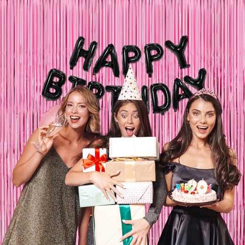 Image of Pink Party Backdrop Decorations - Thicken 4 Pack 13.2x8.2 FT - Birthday Decorations for Women Girls, Foil Fringe Curtains for Bachelorette, Graduation, Baby Shower Party Decorations