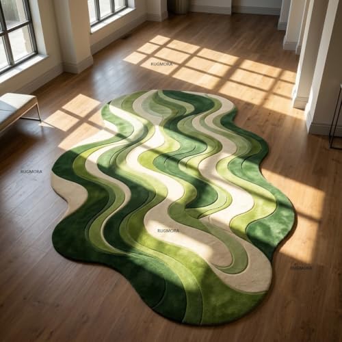 Image of Hand Tufted Wool Rug 6x8 Ft - Modern Irregular Shape Aesthetic Carpet, 1 Inch Thick Pile, Anti-Skid Backing, Soft Handmade Woolen Area Rug for Living Room, Bedroom, Hall Decor