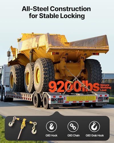 Image of VEVOR Ratchet Chain Binder, 3 /8 in x 20 ft G80 Chains, 9200 lbs Working Load of Ratchet Load Binder, Chains and Binders Set, Tie Down Hauling Chain Binders for Hauling, Towing, Logging, Lifting