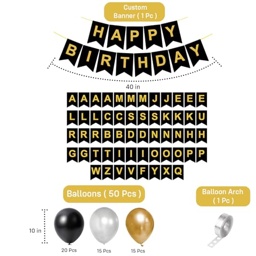 Image of Party Propz Latex, Cradstock Happy Birthday Banner - 115 Pcs Birthday Kit For Decoration, Balloons, Customized Birthday Banner With Name & Balloon Arch (Black, Gold, White)