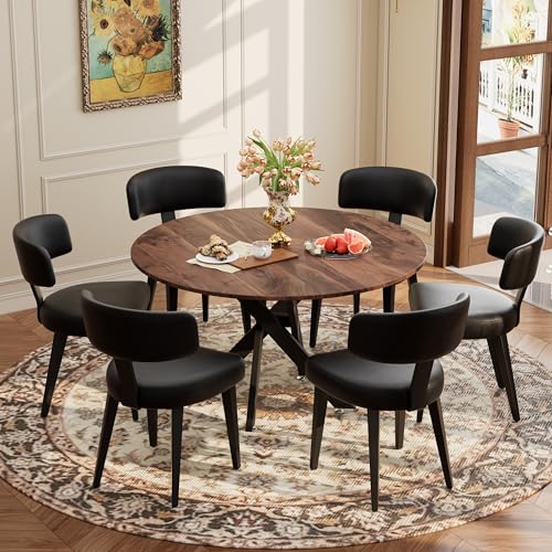 Image of Wood Dining Table Set for 6, 47 inch Round Kitchen Table with 6 Faux Leather Dining Chairs, MDF Tabletop with Metal Legs, Ergonomic Dining Chair with Metal Legs(Woodgrain Table with Black Chairs)