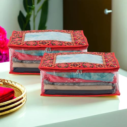 Image of Heart Home Pack of 2 Saree Storage Bag | 6 Inch | Wardrobe for Lehenga-Suit | Garment Clothing Cover|Lightweight-Portable Clothes |Chaudi Lace Printed | Red