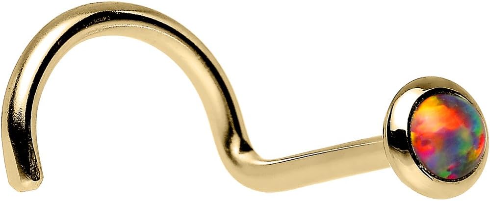Body Candy Solid 14k Yellow Gold 2mm Fire Red Synthetic Opal Right Nose Stud Screw 20 Gauge 1/4"