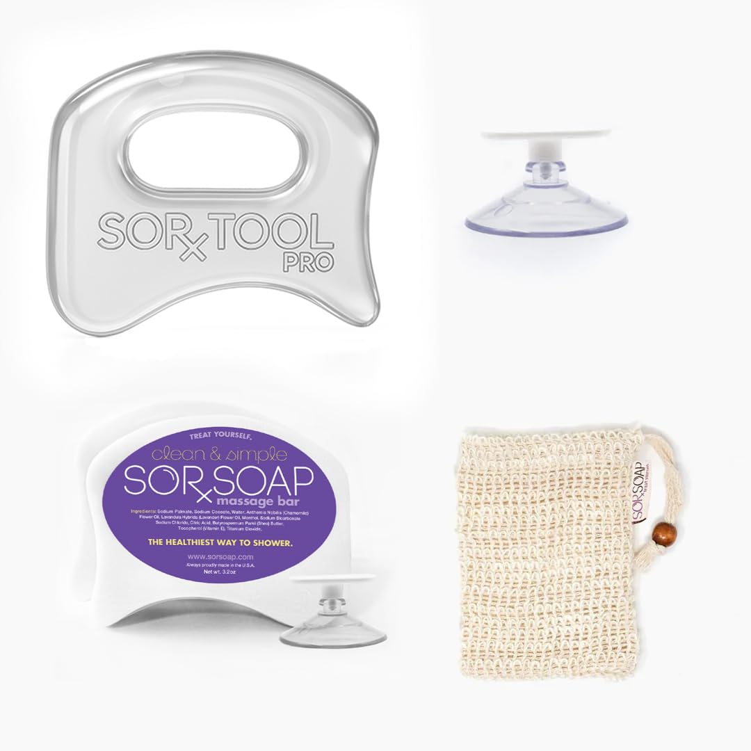 SORSOAP Pro Bundle | Muscle Scraper Soap Bars & SORTOOL Pro Myofascial Release Tool | Fascia Massage Recovery & Deep Clean | 2 Bars, Tool, Holder, & Exfoliating Bag Included