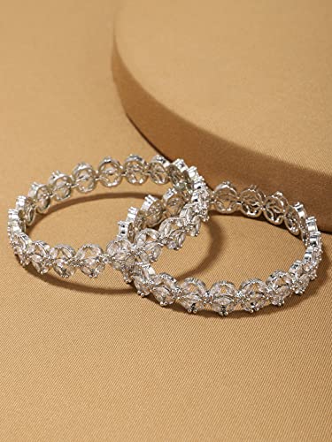 Silver Toned AD Floral 2 Pcs Set Bangles