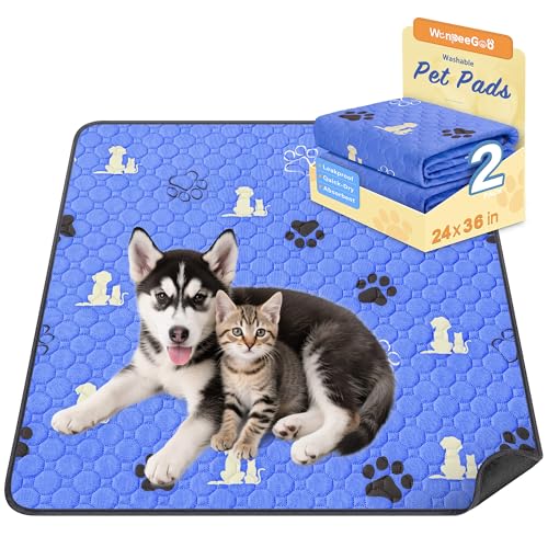 Image of WanpeeGoo Washable Pee Pads for Dogs, Waterproof, 24 x 36 in, 2 Pack, Blue | Super Absorbent, Waterproof and Non-Slip; Washable, Reusable Dog Pads for Crates, Playpens, Floors, Furniture and Travel