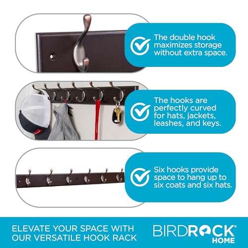 BIRDROCK-HOME-Hook-Coat-and-Hat-Rack-6-Dual-Hanging-Coat-Hooks-for-Wall-Mount-Decorative-Storage-for-Entryway-Foyer-Hallway-Bathroom-Bedroom-27-Dark-Brown-wOil-Rubbed-Bronze-Hooks-2-Pack BIRDROCK HOME Hook Coat and Hat Rack 6 Dual Hanging Coat Hooks for Wall Mount Decorative Storage for Entryway Foyer Hallway Bathroom Bedroom 27 Dark Brown wOil Rubbed Bronze Hooks 2 Pack
