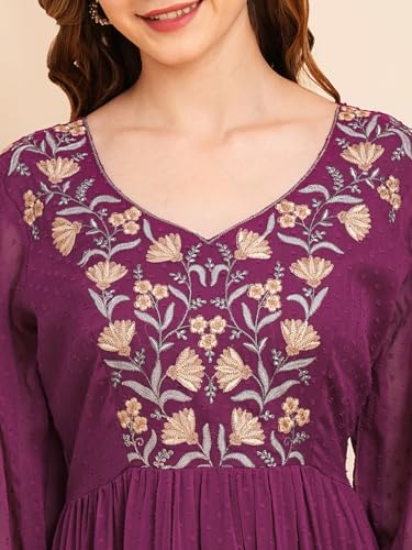 Image of RATAN Women's Floral Embroidered Puff Sleeve Chiffon Flared Tiered Kurta Gown Maxi Dress