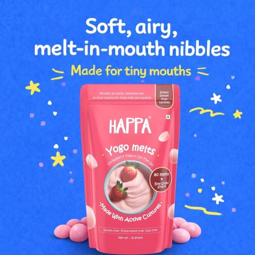 Image of Happa Strawberry Yogurt Melts | Real Greek Yogurt Candy for Babies, Kids & Adults | No Added Colours, No Artificial Flavours | Melt-in-Mouth | 8M+ | Single Ingredient | 20g Pack of 2