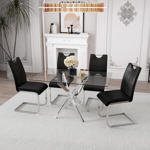 Image of 5 Piece Dining Table Set for 4, Modern Tempered Glass Kitchen Table with 4 Upholstered Chairs and Faux Leather Cushions, Space-Saving Small Apartment Dining Kitchen Room Set