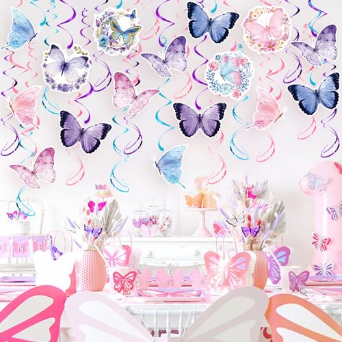 Image of Butterfly Hanging Swirls Party Decorations | 46 Pcs Pink Purple Butterfly Ceiling Streamers Spring Summer Themed Decor for Girl Baby Shower Birthday Wedding Fairy Party