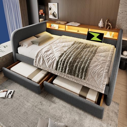 Trdlpyn Divano Letto Imbottito 140x190 cm con LED e USB-C, Letto Matrimoniale con 2 Cassetti e Testiera Contenitore, Letto Multifunzione Struttura del letto con Rete a Doghe, Letto per gli ospiti