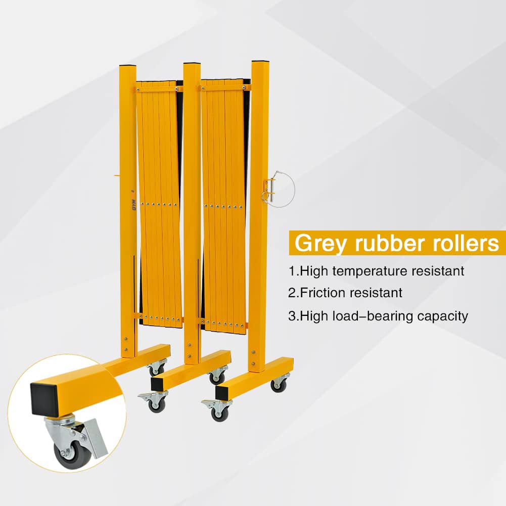 Barricada de metal expandible industrial de 7 metros, amarillo y negro, barrera de seguridad fácil de instalar con ruedas, barrera de seguridad móvil flexible, valla de tráfico ajustable