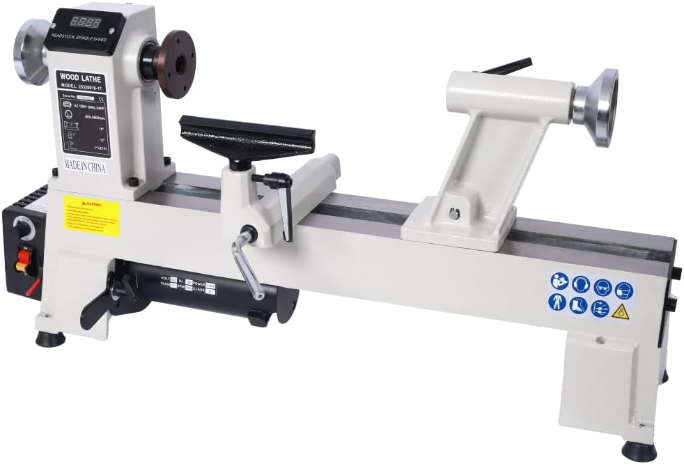 Wood Lathe, 10" x 18" Mini Wood Lathe Machine, 5 Variable Speeds (500-3200RPM), 1/2HP Powerful Motor, Heavy-Duty Cast Iron Benchtop Lathe for Woodworking, Precision Turning, DIY Projects (12" x 18")