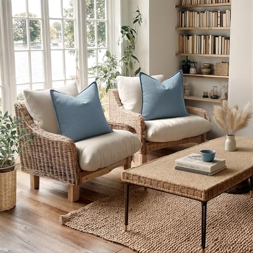 Image of MIULEE Pack of 2 Thick Textured Couch Throw Pillow Covers, Blue Decorative Pillow Covers 20x20, Neutral Linen Cushion Cases for Sofa Bed Living Room Modern Farmhouse Home Decor, No Filling