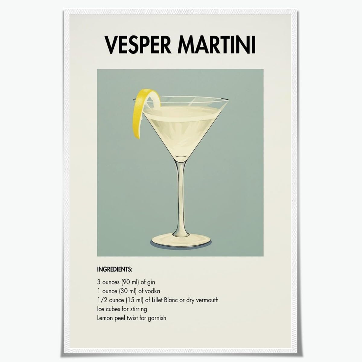Vesper Martini Cocktail Recipe Canvas Poster Wall Art Decor with