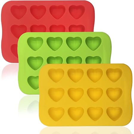 DaKuan Silicone Heart Shaped Molds, 3 Packs 12 Cavities Heart Shaped Silicone Mold for Chocolate Cake Jelly Pudding Handmade Soap Mould Candy Making (Red, Yellow, Green)