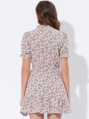 Image of Allegra K Womens Floral Chiffon Mini Dress Ruffle Hem Puff Short Sleeve | Ruffled Tie Neck, Summer Style, Sweet and Chic for Vacation Beach Wear