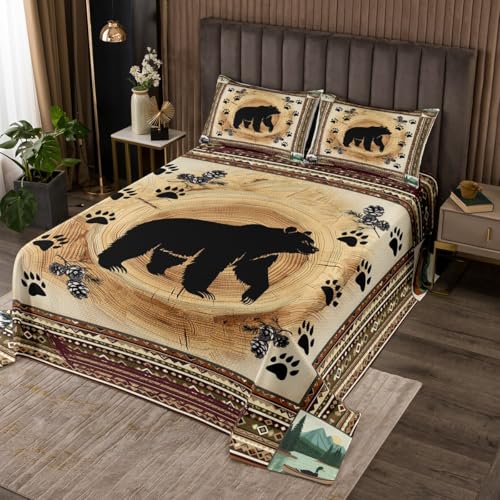 jejeloiu Retro Brown Bear Deer Paw Prints Bedspread Cabin Forest Pine Nut Trees Coverlet Set Queen Size for Kids Boys Girl Striped Boho Quilted Coverlet Southwestern Geometric Quilted Bedroom Decor