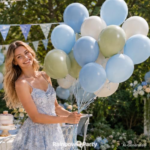 Image of RainbowQ Sage Green and Blue Balloons: 67PCS 12 inch Light Blue Green Sand White Latex Helium Dusty Balloons Set for Anniversary Boho Wedding Birthday Party Decorations