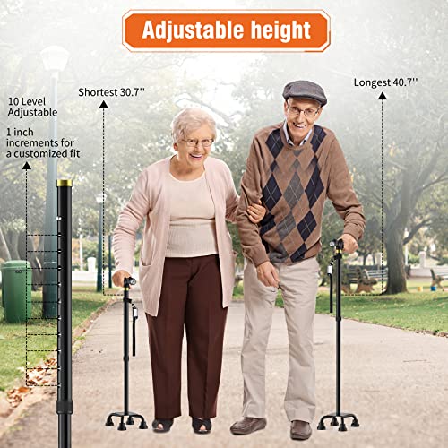 Kekoy Walking Cane, Canes For Men & Women With Led Light, Foldable Cane For Seniors, Adjustable From 30.7-40.7 Inch Large Base Quad Cane With 3 Extra Foam Handle, Collapsible Walking Stick For Seniors #TOP1