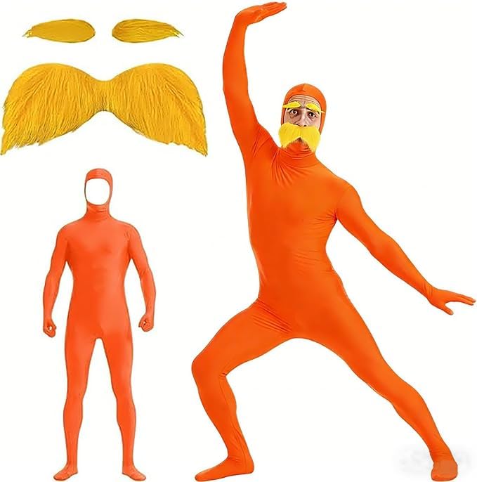 Generisch Orange Kostüm Herren Damen - Ganzkörperanzug Loraxkostüm Erwachsene Slenderman Kostüm Greenscreen Anzug Orange Overall Costume für Karneval Halloween Cosplay Fasching
