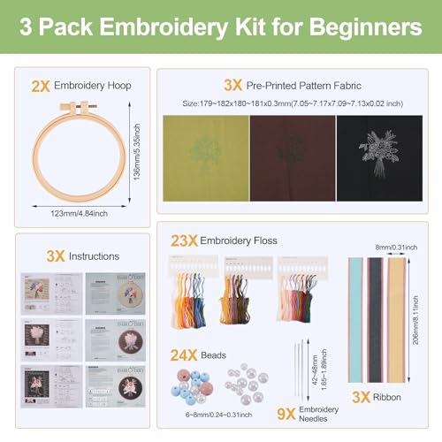 Image of Magibeads 3 Sets Bouquet Flowers Embroidery Kit Floral Embroidery Patterns Water Soluble Easy Cross Stitch Starter Kit Stick and Stitch Hobbies for Beginners Adults Sewing Gifts