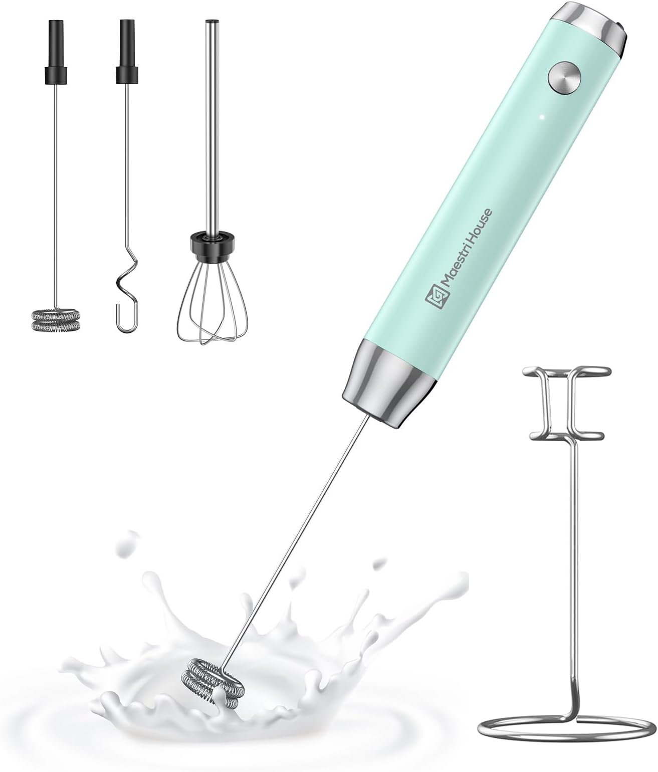 Maestri House Rechargeable Milk Whisk with Stand Handheld Electric Foam Maker Waterproof Removable Stainless Steel Whisk Drink Mixer Whisk for Latte and Cappuccino