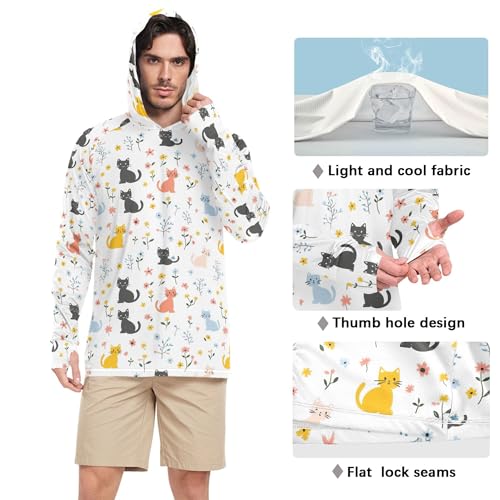 Cartoon Sweet Cat White Men's Sun Protection Hoodies Long Sleeve Clothing Hood Shirts UPF 50+ Farmer Shirt S4