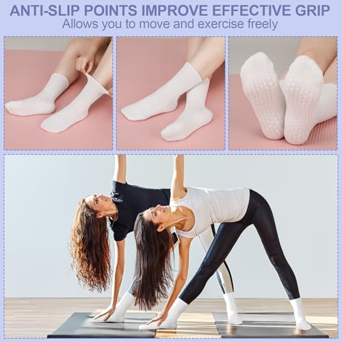Image of Jspupifip 4 Pairs Cute Pilates Socks for Women Non Slip Yoga Socks with Grips for Barre Workout Athletic Hospital White