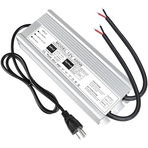 Image of LightingWill LED Driver 400 Watts Waterproof IP67 Power Supply Transformer, 90-140V AC to 12V DC Low Voltage Output, Adapter with 3-Prong Plug 3.3 Feet Cable for Outdoor Use, Computer Project