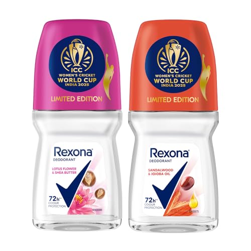 Image of Rexona Lotus Flower & Shea Butter and Sandalwood & Jojoba Oil Antiperspirant Roll-On | for Women | Limited Edition Pack - ICC Women's Cricket World Cup India 2025 |50 ML (Pack of 2)