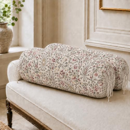Image of Clasiko Cotton Bolster Covers Set of 2, Petal Beige, Standard Size (32x16 Inch)