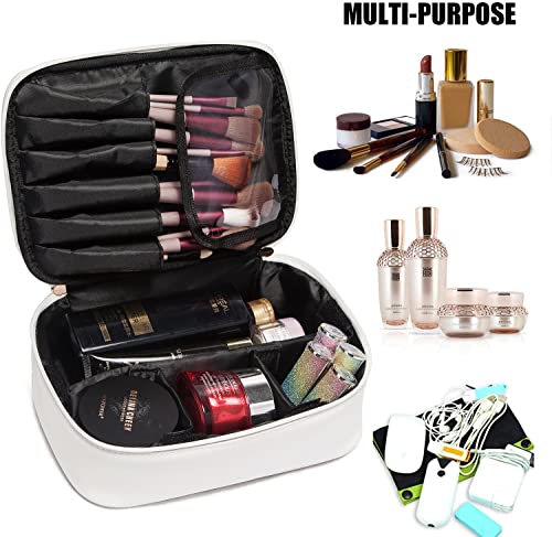Lacattura Travel Makeup Bag For Women, Vegan Leather Cosmetic Bag, Waterproof Toiletry Organizer, Make Up Bag With Adjustable Dividers And Brush Holder, Portable Beauty Storage Bags For Girls, White #TOP2