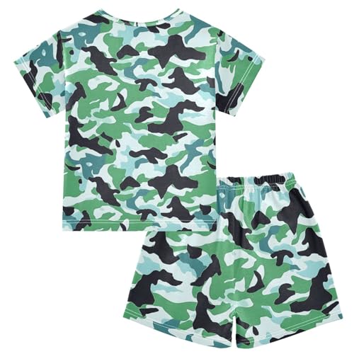 Green Black Camouflage Pajama Set, Short Sleeve Cotton Sleepwear Nightwear2