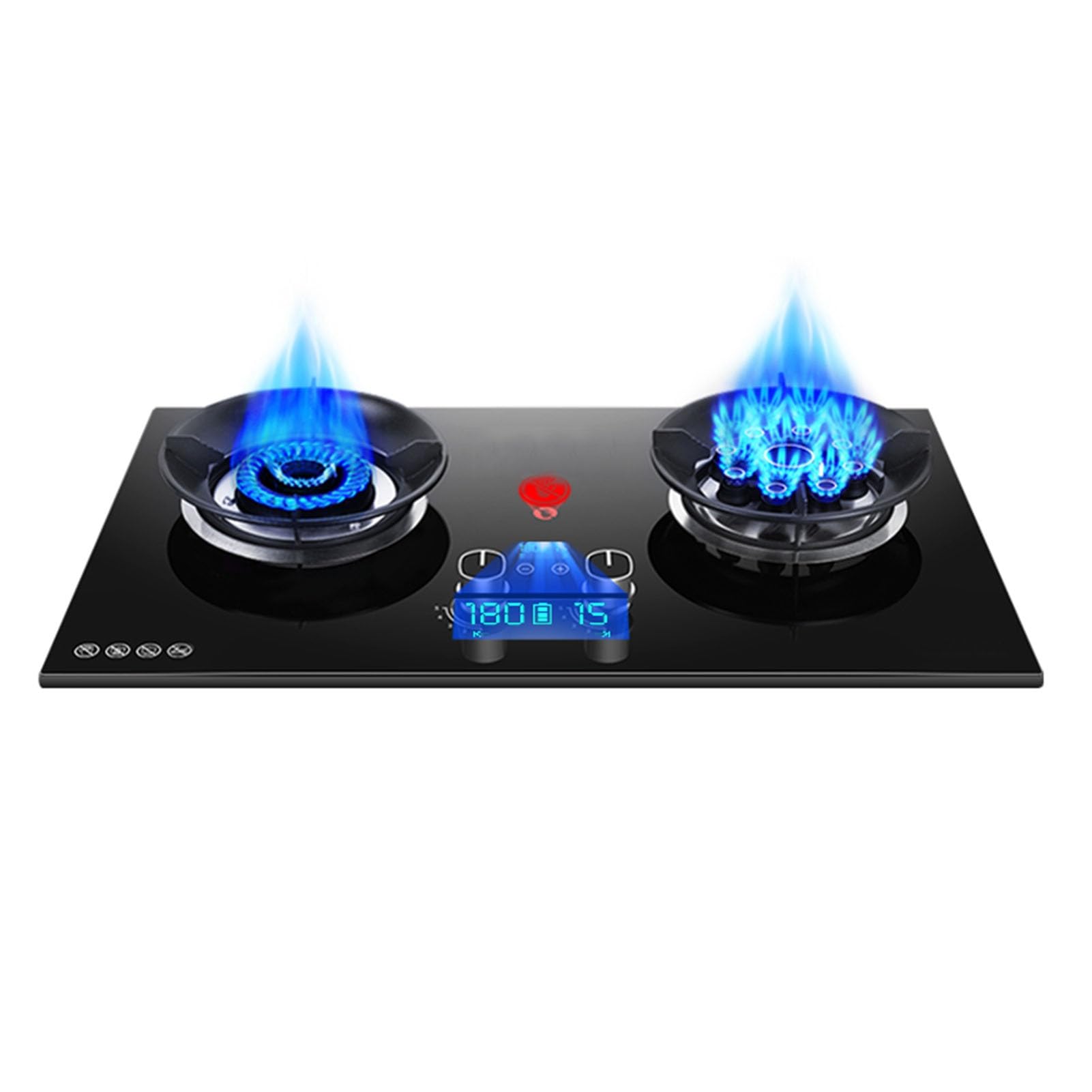 Fornello A Gas 2 Fuochi, 5,2KW 9 Cavità, Fuoco Alto Temporizzato, Portapentole In Ghisa In Vetro Temperato Con Protezione Spegnimento For Cucina Domestica(Style 1,NG)