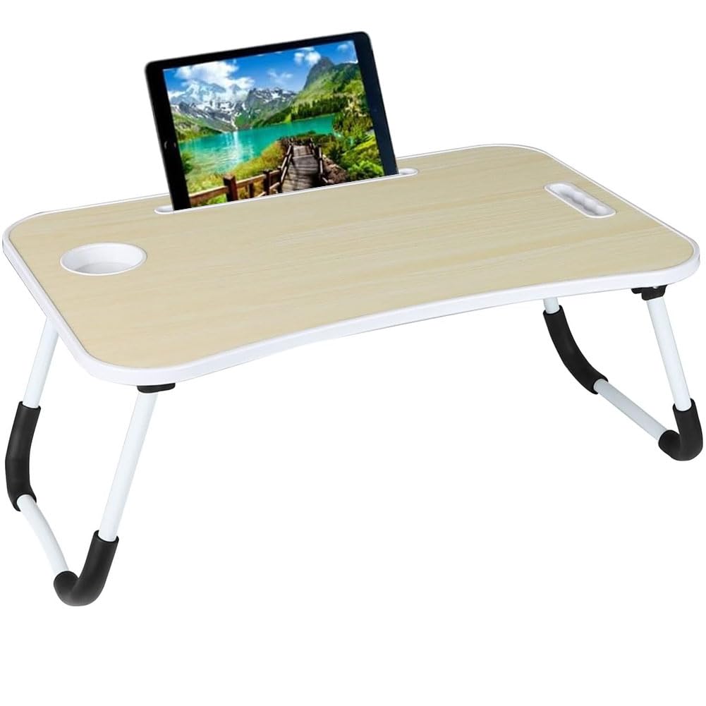BAKAJI Tavolino Vassoio Colazione da Letto Divano Tavolo Porta Tablet Notebook PC Laptop Struttura in Metallo Pieghevole Leggio Piano in Legno Acero Bianco Dimensione 60x40x26cm