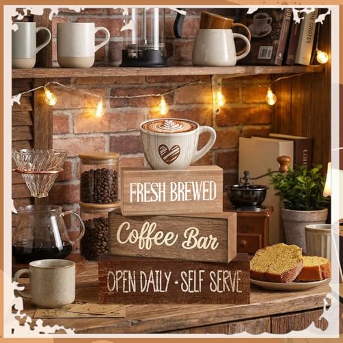 Image of Moucuny 4 Pcs Farmhouse Coffee Bar Signs Decor Wooden Cup Rise & Shine It's Coffee Time Rustic Wood Cafe Sign Gift for Home Kitchen Tabletop Decor