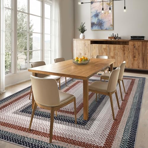 GAOMON Entryway Rug 3x5 Non Slip Washable Rug Braided Print Low Pile Floor Cover Indoor Soft Kitchen Mat Ultra-Thin Non-Shedding Farmhouse Floor Carpet for Bedroom Laundry Under Table Office Blue/Red