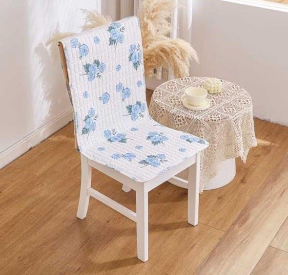 Image of HOMETHREADS Floral Quilted Cotton Chair Cover - Soft, Comfortable Dining Chair Seat Protector with Non-Slip Backing & Strong Elastic Strap for Snug Fit (White Blue, Pack of 6)