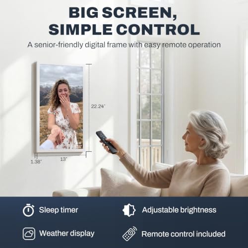 Image of 24 inch Large Digital Picture Frame, 64GB, Anti-Glare Non-Touch, WiFi Wall-Mount Frame for Home /Business, 1920x1080 FHD, Share via App, Email, USB & Micro SD, Remote Included, White