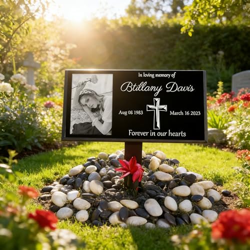 Personalized Headstone with Photo, Memorial Stone, Headstones for Graves, Grave Markers, Black Granite Garden Stone, Memorial Plaques for Outdoor, Grave Decoration for Cemetery (Picture left)