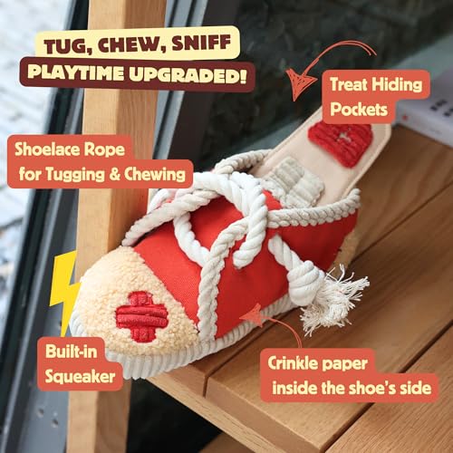 Shoe Squeaky Dog Toys, Durable Chew Rope Tug Toys for Large Medium Small Dogs, Interactive Snuffle Puppy Toy for Teeth Cleaning, 2 in 1 Puzzle Toy, Birthday Gift