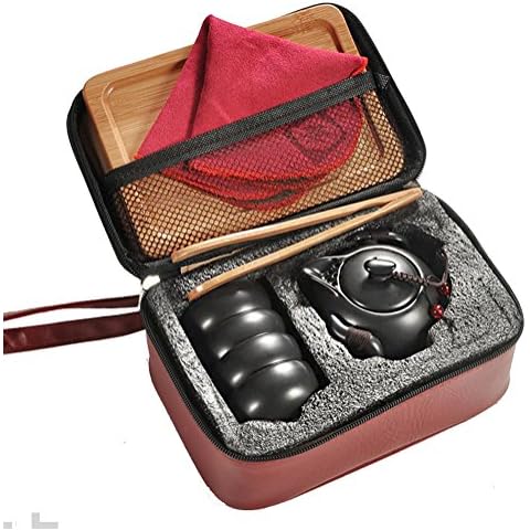 Hoobar Ceramic Kungfu Tea Set Chinese Style Handmade Teapot and Teacups with Portable Travel Bag and Tea Tray (Black + White) Cover